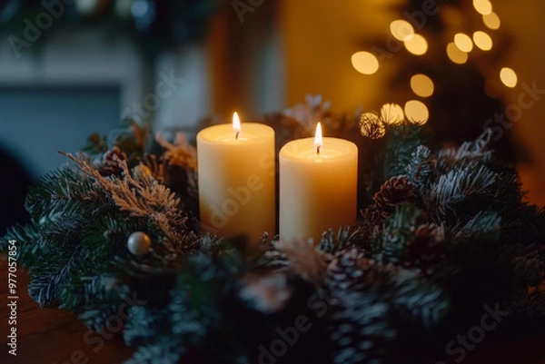Fototapeta Two candles flicker in a festive wreath, casting a warm glow.