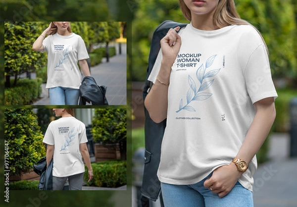 Obraz 3 T-shirt Mockups on a Girl with a Jacket in Her Hands