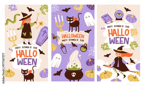 Fototapeta Halloween party template for social networks.  Children in funny and scary witch, ghost and monster costumes. Festive background, postcard for event invitation. Halloween web banner
