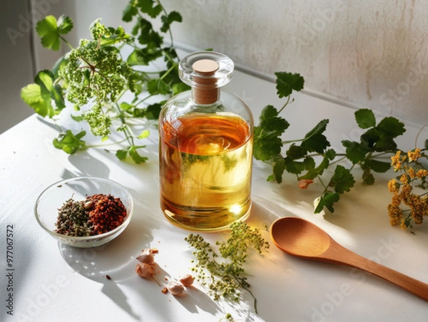 Obraz Bottle of organic edible evening primrose oil , clean and minimalist white table.  wooden spoon, evening primrose petals, and a small dish of colorful spices.