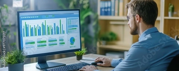 Obraz Energy consultant analyzing building performance on a computer, business energy efficiency audit, Energy Efficiency Audit