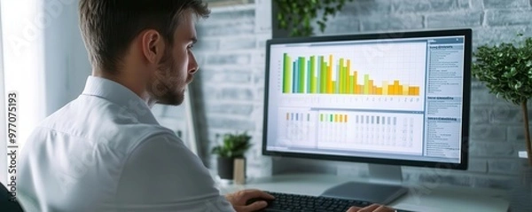 Fototapeta Energy consultant analyzing building performance on a computer, business energy efficiency audit, Energy Efficiency Audit