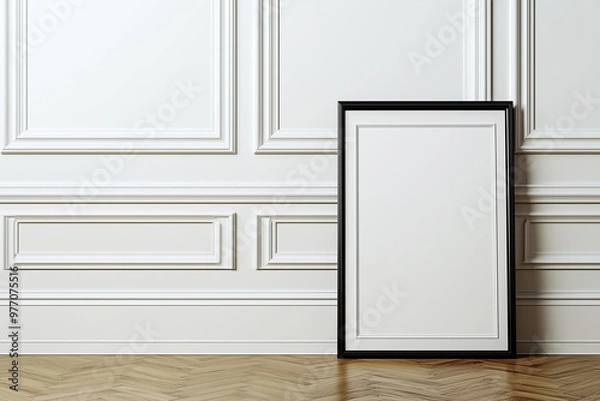 Fototapeta A black frame with a blank canvas leaning against an ornate white wall, perfect for showcasing artwork, posters, or interior design mockups in a classic setting