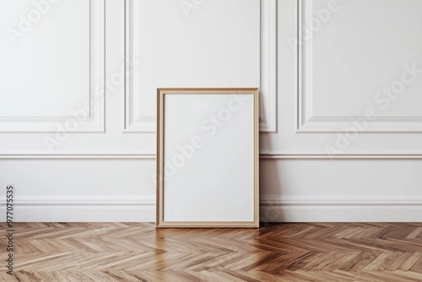 Obraz Empty wooden frame leaning against a white paneled wall on a herringbone wooden floor. Classic and minimalist interior design concept for art display and print