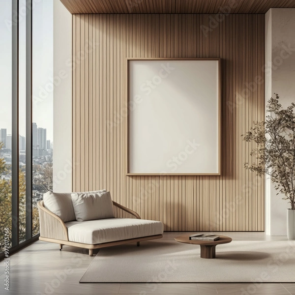 Obraz A modern interior featuring a blank frame on a light wooden wall, a cozy chair, and a large window with a city view, perfect for design mockups