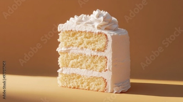 Obraz A slice of vanilla layer cake with fluffy frosting between the layers, presented in a neat, clean cut.