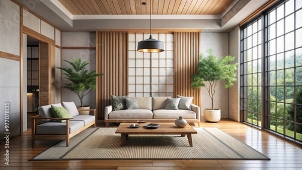 Fototapeta modern living room with fireplace, Beautiful Living Room in New Luxury Home with Fireplace and Roaring Fire. Large Bank of Windows Hints at Exterior View