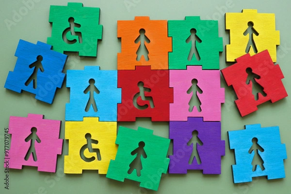 Obraz Colorful puzzle pieces with male, female figures and disability sign representing inclusion and diversity.