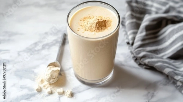 Obraz A vanilla protein shake in a clear shaker bottle with a scoop of vanilla protein powder beside it.