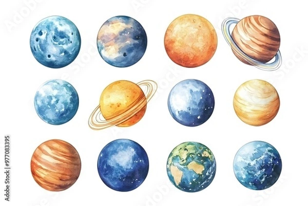 Fototapeta A vibrant set of different planets in watercolor technique, showcasing colorful and whimsical celestial bodies, perfect for cosmic-themed designs or space exploration illustrations.