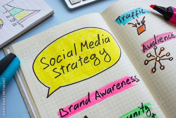Obraz Notes in a notebook about social media strategy.