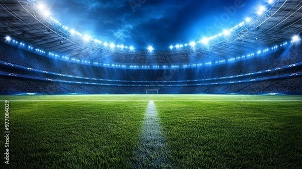 Obraz A modern soccer stadium with a lush green field and bright blue spotlights.  The perfect setting for a championship football match.