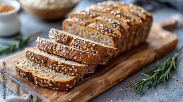 Fototapeta Freshly baked whole grain bread loaf with slices on wooden board, surrounded by scattered seeds. Concept of homemade baking, healthy nutrition, and artisanal food. 