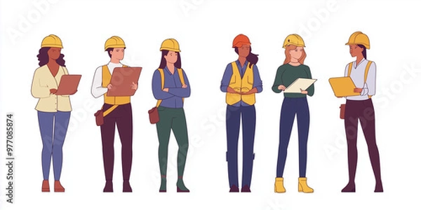 Fototapeta vector illustration construction worker woman wearing PPEs, machinery in the background., construction site. hard hat, safety glasses, safety boots. Personal protection equipment. architect, engineer