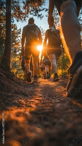 Fototapeta A group of friends hiking in the forest at sunrise, a close-up shot focusing on their shoes and legs as they walk along an old trail with scattered pine trees around them
