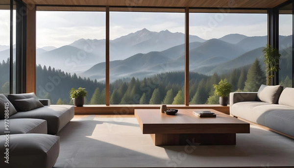 Fototapeta Modern Living Room with Panoramic Mountain View