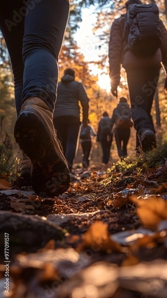 Fototapeta A group of friends hiking in the forest at sunrise, a close-up shot focusing on their shoes and legs as they walk along an old trail with scattered pine trees around them