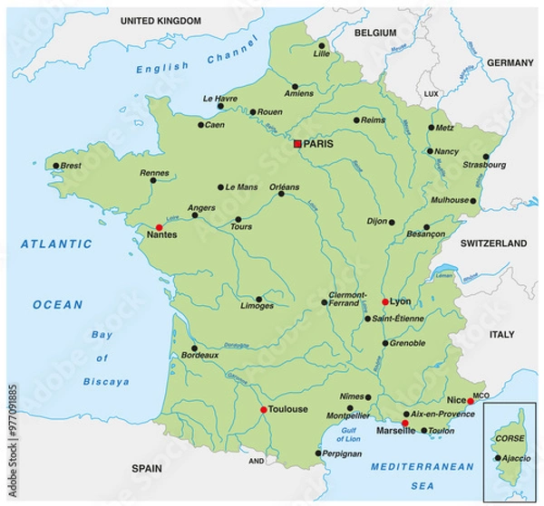 Obraz Map of France with the most important cities and rivers