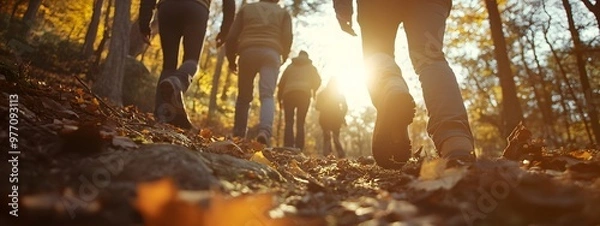 Obraz A group of friends hiking in the forest at sunrise, a close-up shot focusing on their shoes and legs as they walk along an old trail with scattered pine trees around them