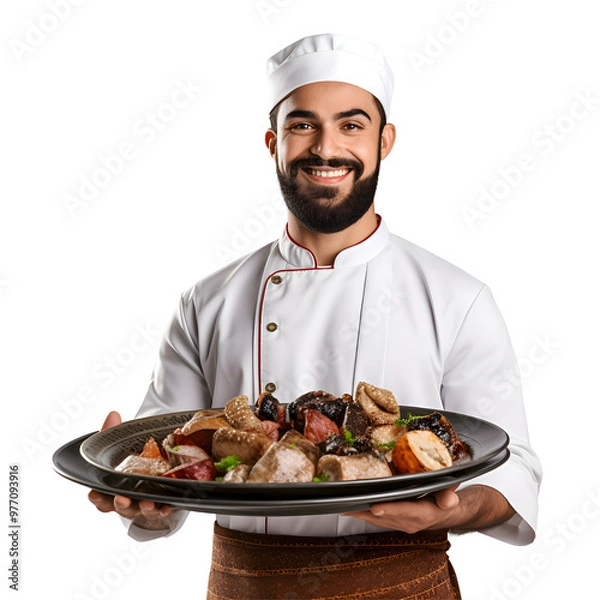 Fototapeta Cheerful mature Arab cook posing and smiling at camera, chef in an apron png format on transparent background