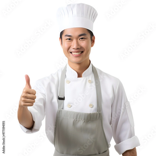 Fototapeta Cheerful mature Asian cook man posing holding a tray with cake and smiling at camera, chef in an apron png format on transparent background