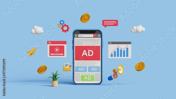 Fototapeta Online advertising on social media. PPC ad campaign. Targeted inbound ad. 3D digital marketing with programmatic social network advertising. Smartphone advertising