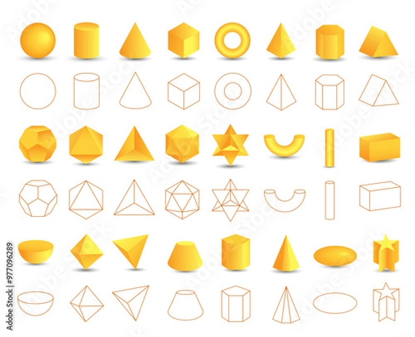 Fototapeta Set of vector realistic 3D yellow geometric shapes isolated on white background. Mathematics of geometric shapes, linear objects, contours. Platonic solid. Icons, logos for education, business, design