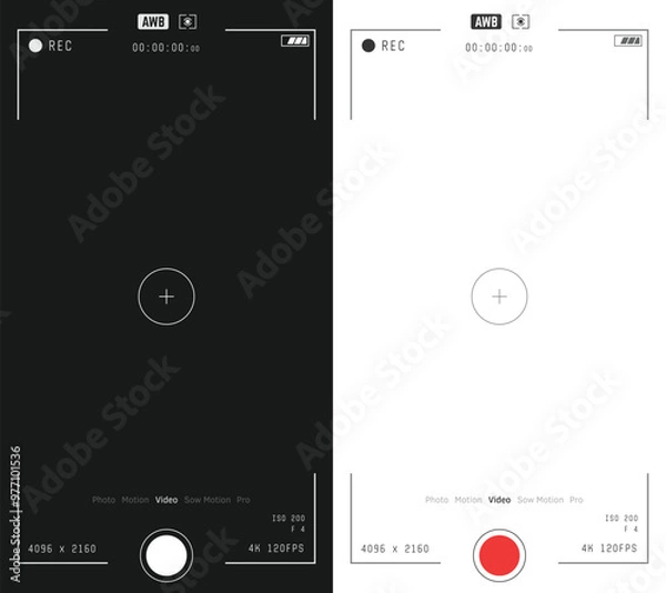Fototapeta Phone video and photo camera vertical overlay. 16:9 template. Full hd or 4k format for smart phone. Camera frame vector template. Black lines and text on white, and white lines on black background.