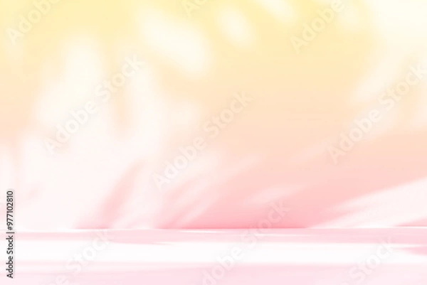 Fototapeta Abstract orange color gradient studio background for product presentation. Empty room with shadows of window and flowers and palm leaves . 3d room with copy space. Summer concert. Blurred backdrop.
