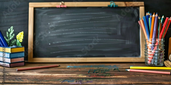Fototapeta Empty Chalkboard with Pencils and Books on Wooden Desk, Classroom Setting with School Supplies and Blackboard