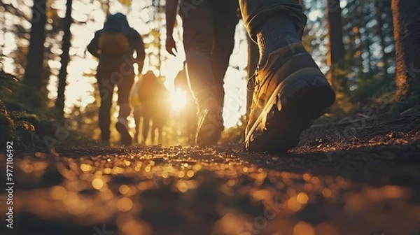 Fototapeta A group of friends hiking in the forest at sunrise, a close-up shot focusing on their shoes and legs as they walk along an old trail with scattered pine trees around them