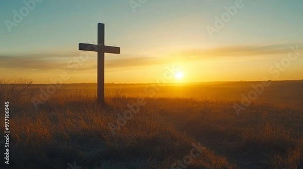 Fototapeta A serene landscape featuring a cross silhouetted against a stunning sunset, with fields of grass in the foreground and a tranquil atmosphere