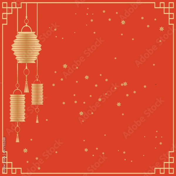 Fototapeta Chinese Postcard Template. Square postcard with gold frame on red background with Chinese gold lanterns.