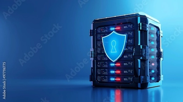 Fototapeta A futuristic digital security vault with a glowing shield icon, symbolizing data protection and cybersecurity innovation.