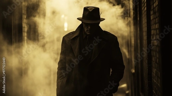 Fototapeta A dark, shadowy figure in a 1950s alley, wearing a long trench coat and a fedora hat. His face is partially hidden, but his eyes gleam menacingly. The alley is dimly lit, with soft sepia tones, smoke 