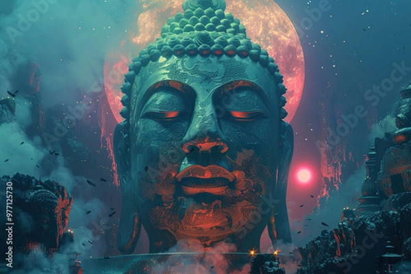 Obraz Beautiful greeting card with ancient statue great Buddha to bright holiday composition