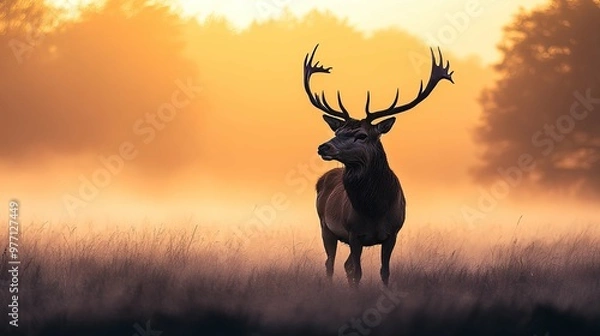 Fototapeta Majestic Red Deer Buck Silhouette at Sunrise with Fog