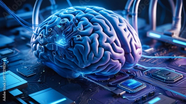 Fototapeta close-up representation of a human brain, illuminated with a soft, blue-grey glow, merging seamlessly with futuristic technological elements