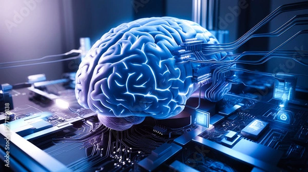 Fototapeta close-up representation of a human brain, illuminated with a soft, blue-grey glow, merging seamlessly with futuristic technological elements