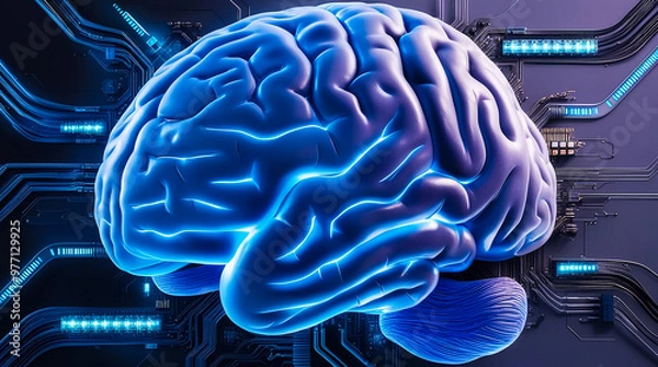 Fototapeta close-up representation of a human brain, illuminated with a soft, blue-grey glow, merging seamlessly with futuristic technological elements