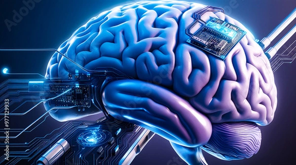 Fototapeta close-up representation of a human brain, illuminated with a soft, blue-grey glow, merging seamlessly with futuristic technological elements