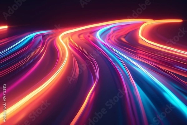 Obraz Radial Motion Blur Background ,Dynamic neon light trails in vivid hues creating an abstract pattern against a dark backdrop ,Colorful light trails in a futuristic tunnel with vibrant neon hues.
