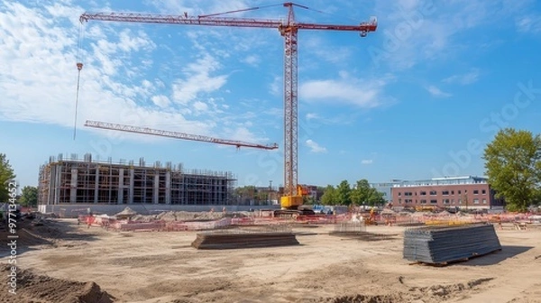 Fototapeta At the construction site, an industrial crane stands as a beacon of progress under a blue sky. Its towering presence and mechanical prowess drive the ambitious project forward.