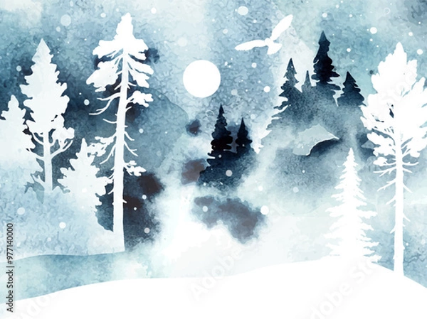 Fototapeta Watercolor vector snowy landscape with isolated coniferous forest, owl, river in blue colors. Nature winter illustration with snowfall in the forest. Design for christmas card, gift card, poster
