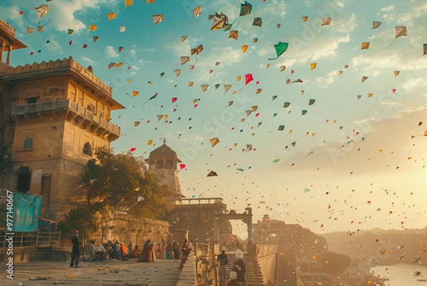 Fototapeta Beautiful greeting card with colorful kites soaring high above vibrant sky to holiday composition