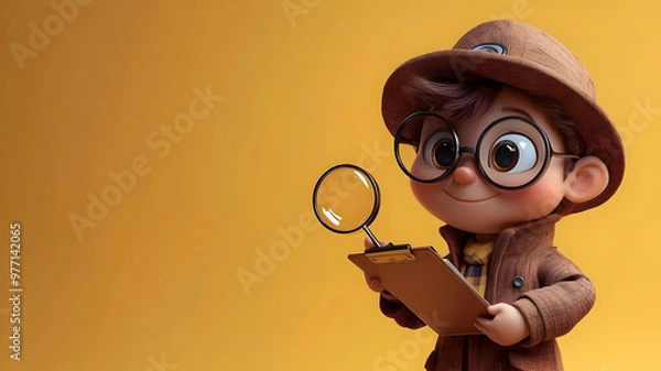 Obraz Cartoon detective character with magnifying glass and clipboard.