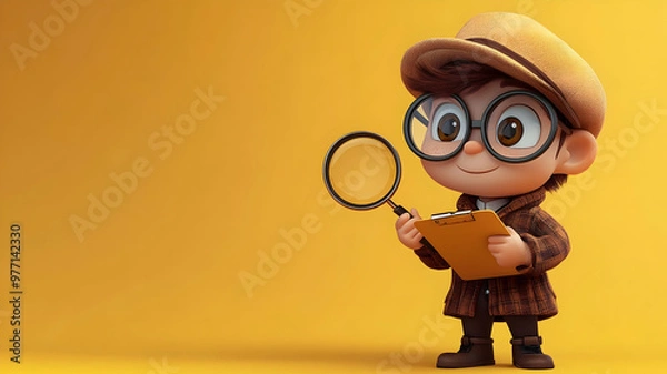 Obraz A cartoon detective, wearing a hat and glasses, holds a magnifying glass and a clipboard against a yellow background.