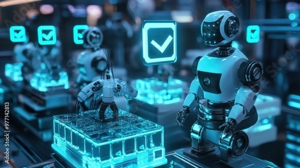 Fototapeta Robotic inspectors examining products, floating holographic checkmarks indicating quality approval, futuristic, clean design, vibrant neon blue glow, ultra-detailed.
