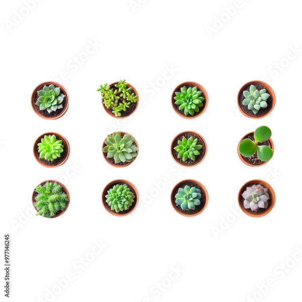 Fototapeta A carefully arranged group of succulents, each with distinct patterns and textures, isolated on a bright white background 
