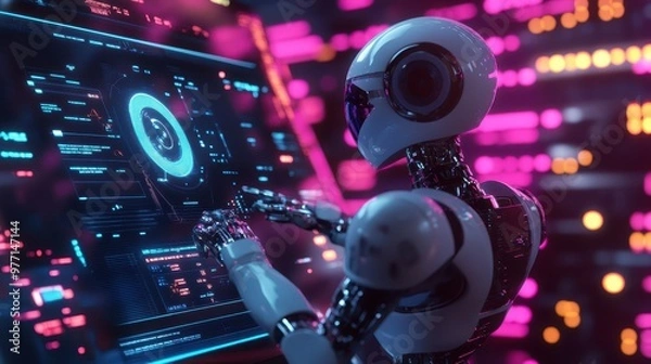 Fototapeta Robot interacting with a holographic dashboard during an audit, digital interface glowing in blue and magenta, Cyberpunk, 3D Render.